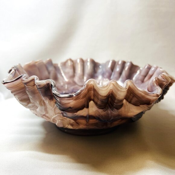 Imperial Vintage Purple Slag Glass Bowl Embossed Rose Design Ruffle Edge 9" wide - Picture 11 of 12